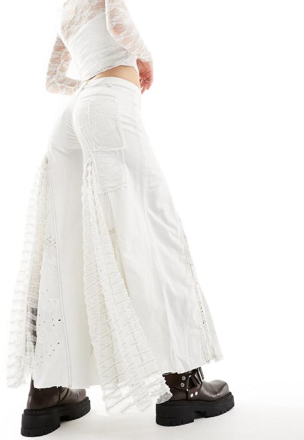 Free People lace insert boho super wide flare leg pants in ivory-White