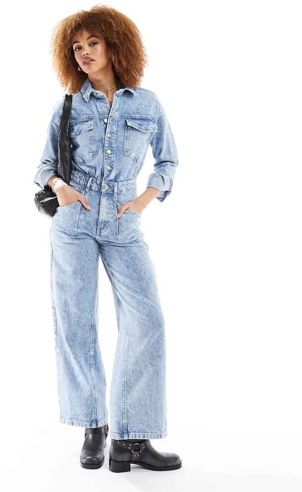 Free People utility denim boilersuit in light blue wash