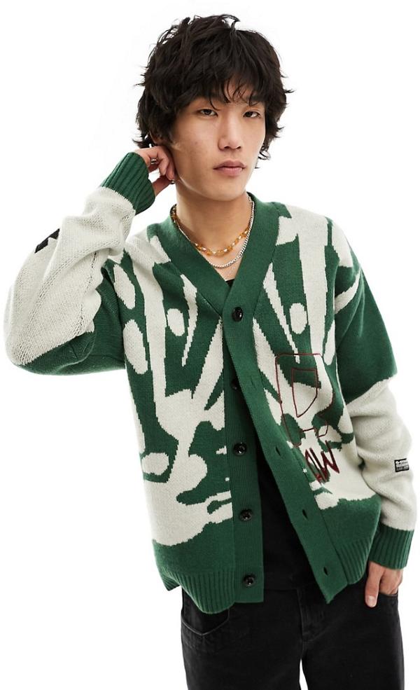 G-Star cardigan in green with all over white artwork