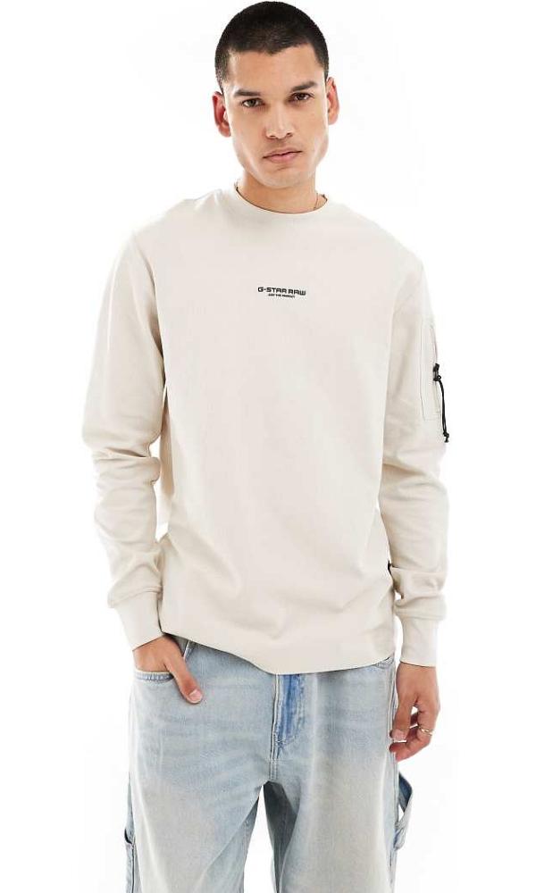 G-Star P-3 long sleeve t-shirt in off white with logo chest print and sleeve pocket-Neutral