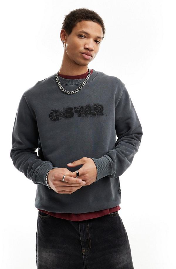 G-star sweatshirt in washed black with distressed logo print