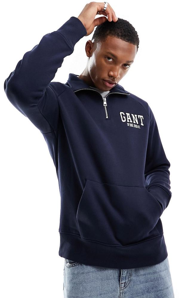 GANT arch collegiate logo half zip sweatshirt in navy