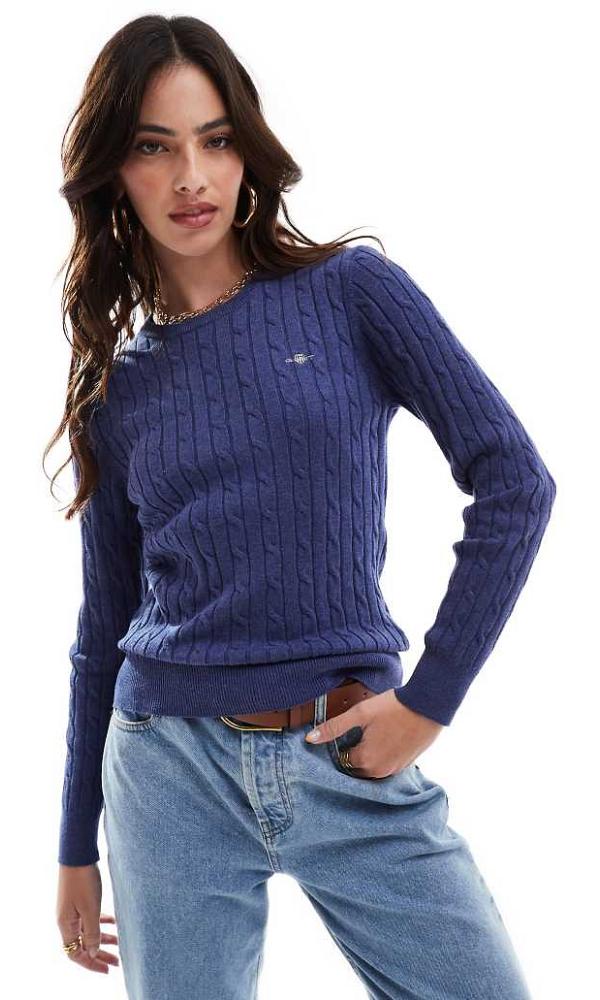 GANT cotton cable knit crew neck jumper with logo in navy