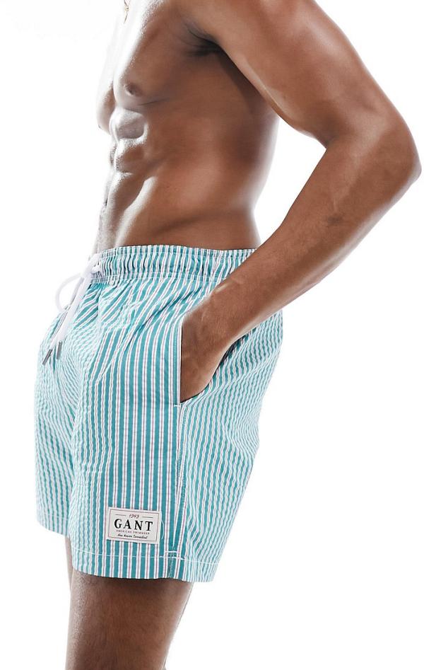 GANT seersucker swim shorts in green stripe with logo
