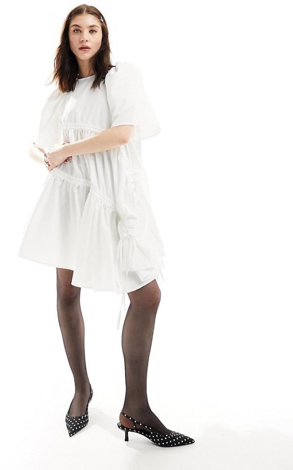 Ghospell ruched bow tie mini dress in white