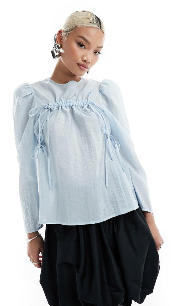 Ghospell ruched bow top in dusty blue