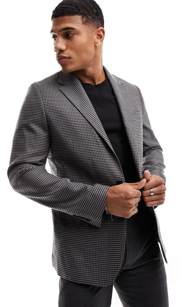 Gianni Feraud dogtooth black and white slim suit jacket in navy grey