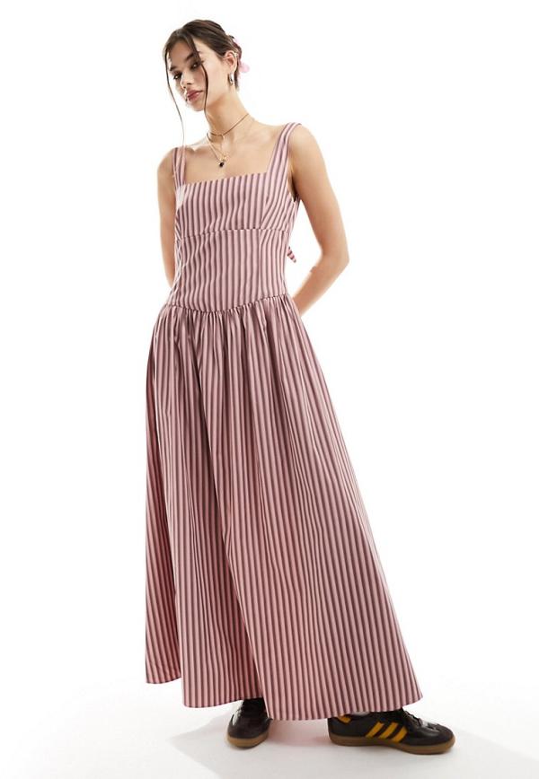 Glamorous drop waist square neck full skirt maxi dress in pink brown stripe