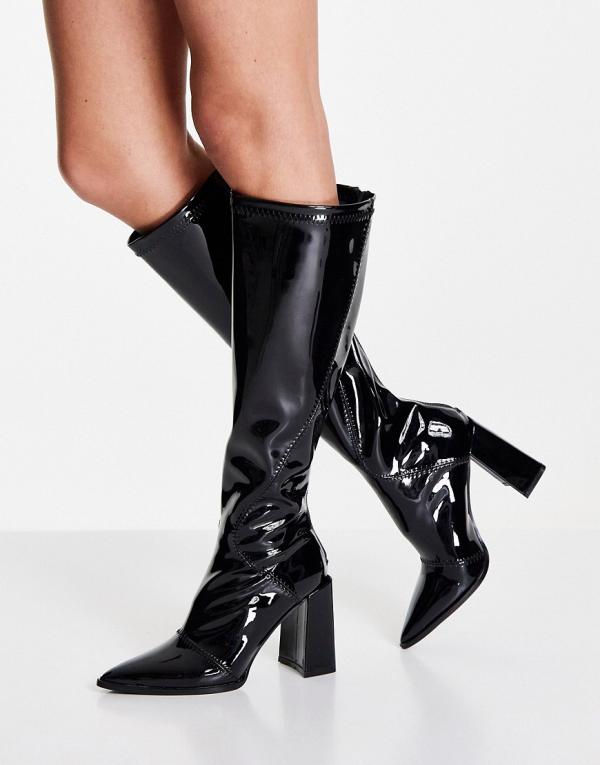 Glamorous knee high heel boots in black stretch patent