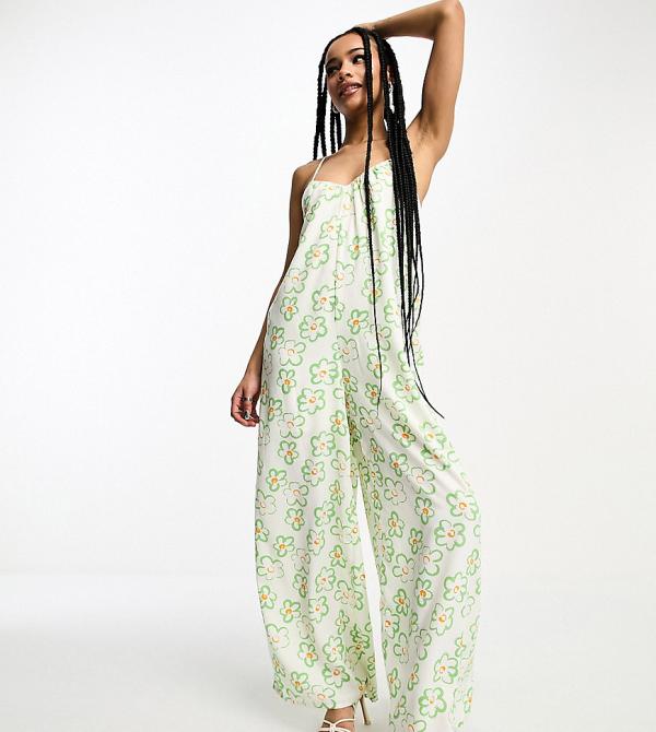 Glamorous Petite lace up back strappy smock jumpsuit in green floral-White