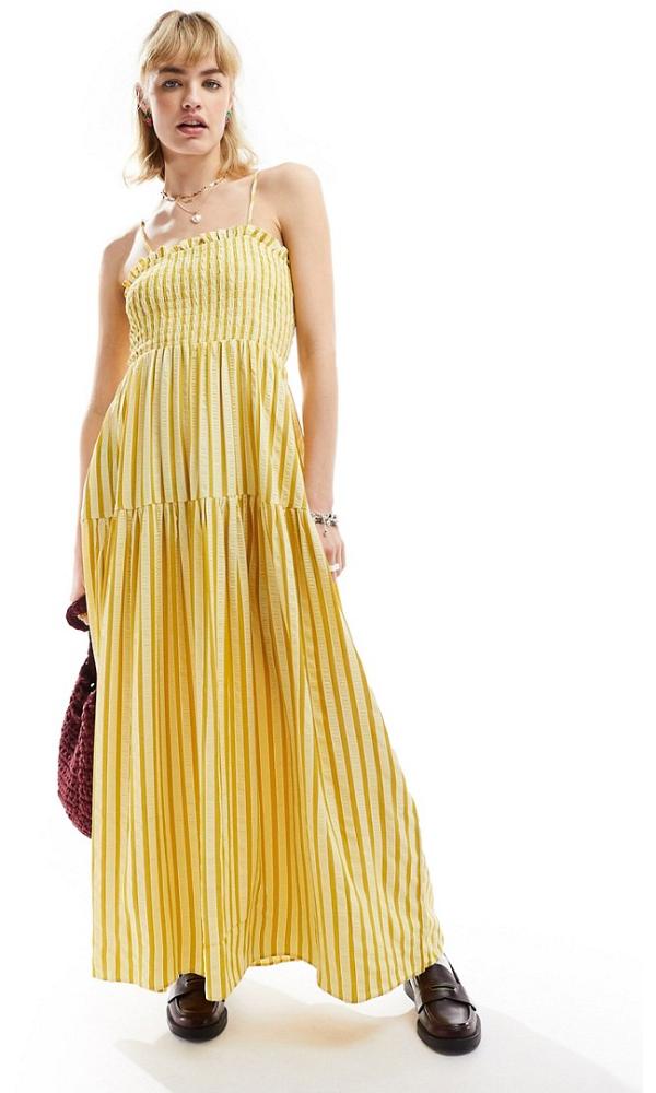 Glamorous shirred bust cami volume maxi smock dress in yellow stripe
