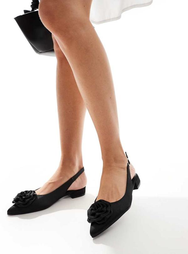 Glamorous slingback rosette pointed toe flats in black