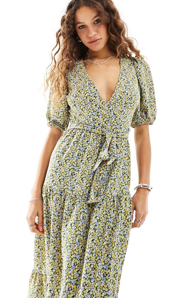Glamorous tiered short sleeve maxi dress in yellow ditsy floral-Multi
