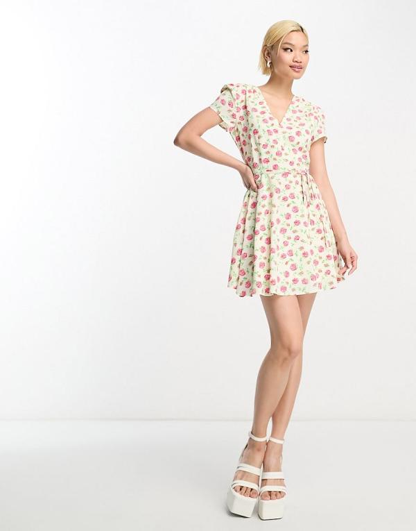 Glamorous v neck tie waist dress in rose bud floral-White