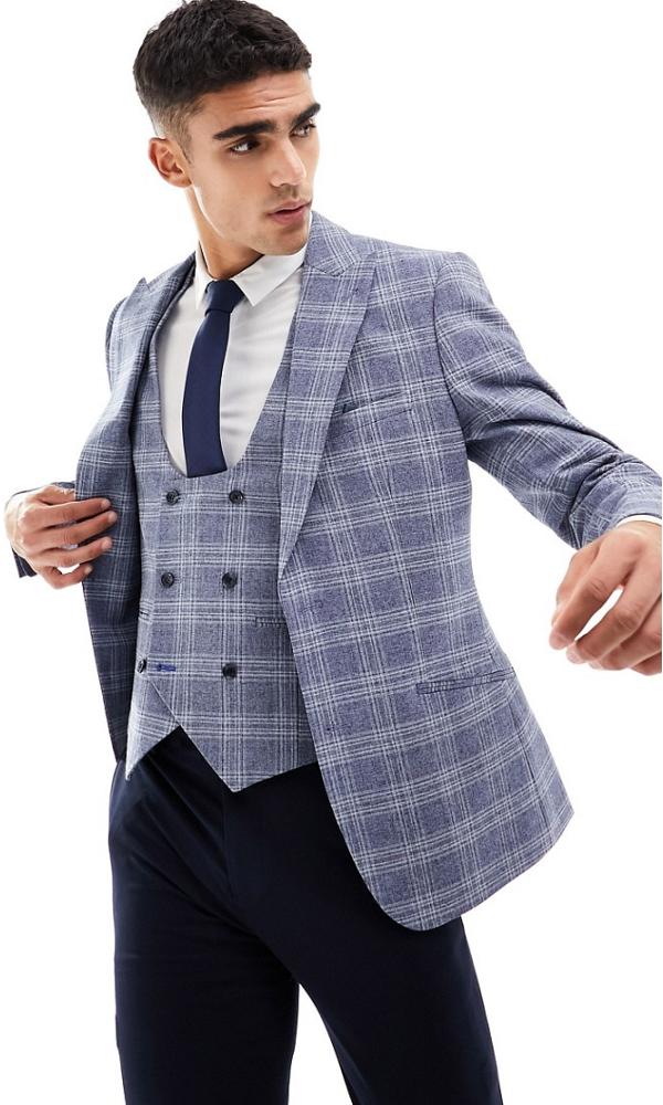 Harry Brown check skinny fit suit jacket in light blue