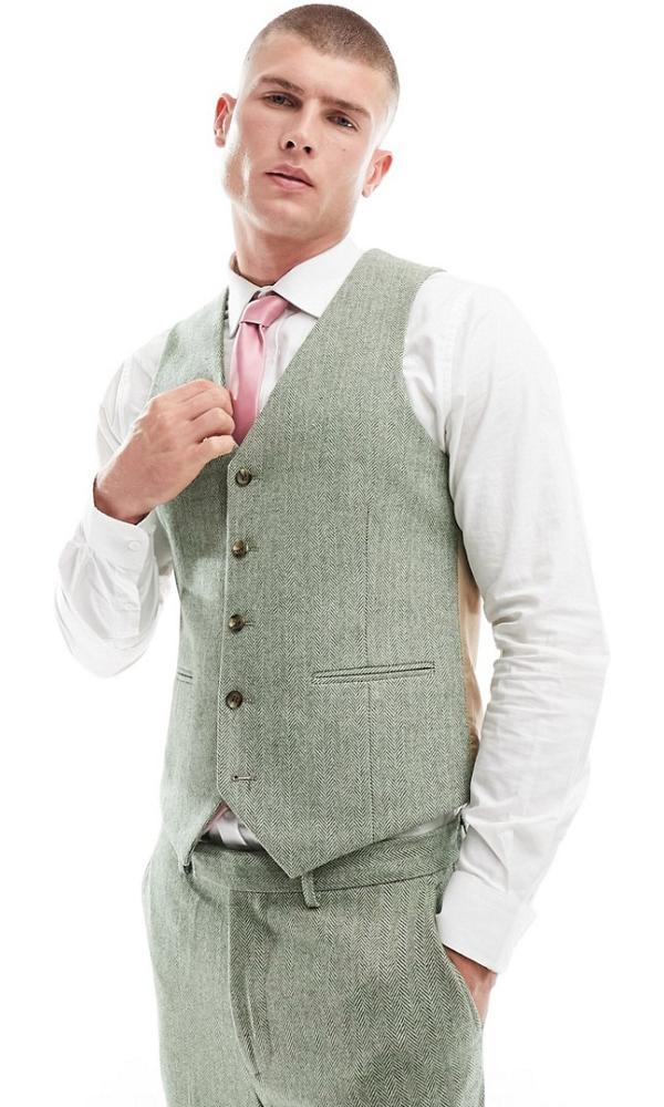 Harry Brown Wedding tweed slim fit waistcoat in green herringbone