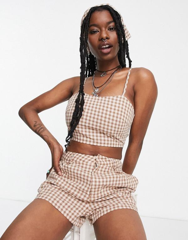 Heartbreak cami crop top with bandana in brown gingham (part of a set)