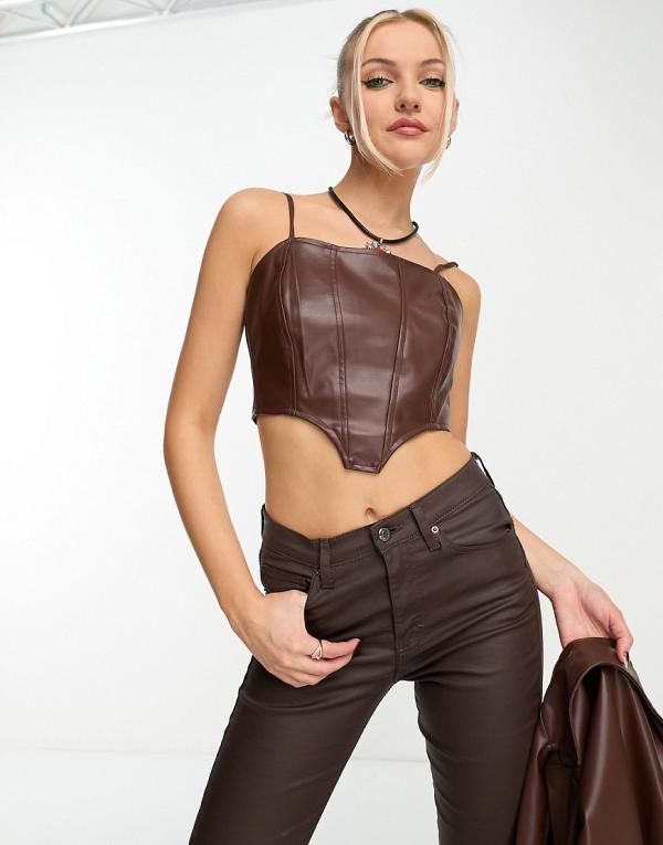 Heartbreak faux leather corset top in chocolate brown (part of a set)