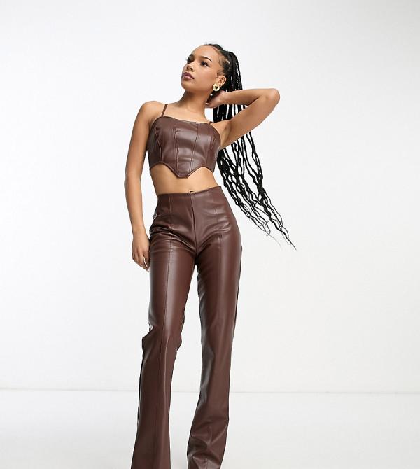 Heartbreak Petite faux leather wide leg pants in chocolate brown (part of a set)