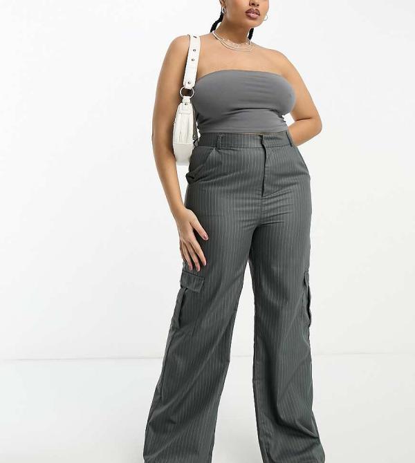 Heartbreak Plus wide leg cargo pants in grey pinstripe (part of a set)