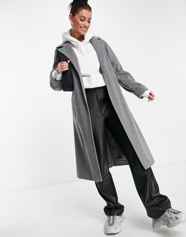 Helene Berman wool-blend wrap coat in grey marle
