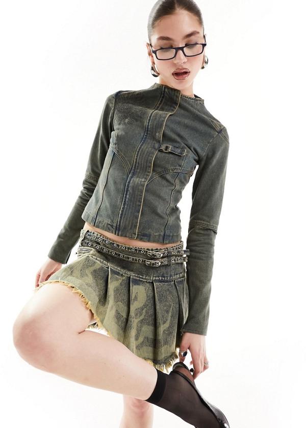 Heretic Nine high neck fitted denim jacket with embroidery in Y2K wash-Green