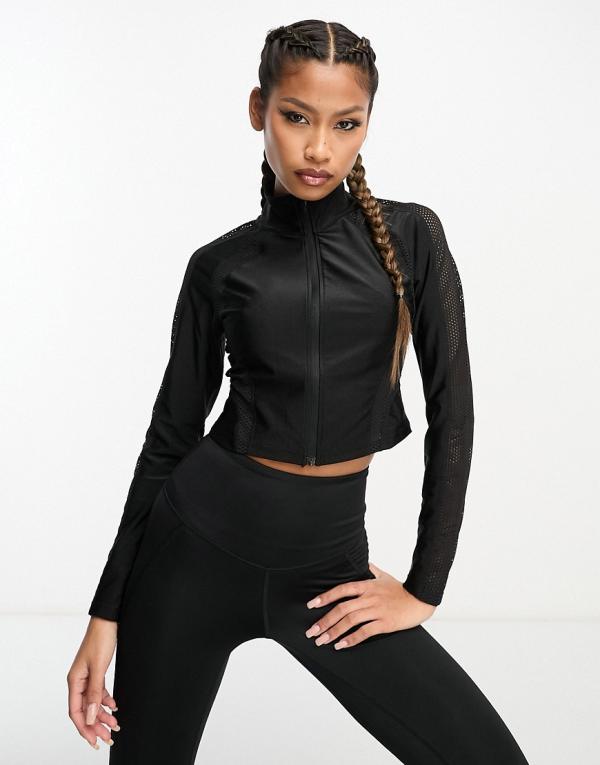 HIIT gloss high neck zip front top with mesh detailing-Black