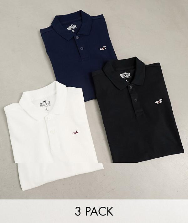 Hollister 3-pack icon logo slim fit pique polo in white/navy/black-Multi