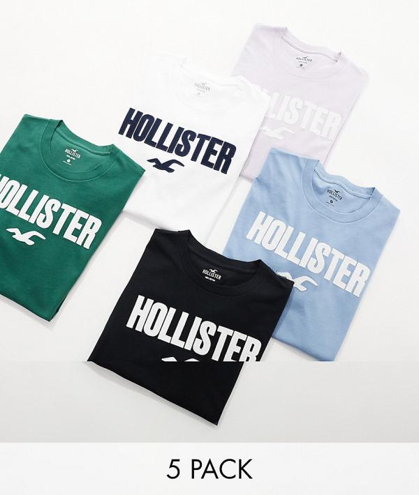 Hollister 5 pack large scale logo t-shirt in white, lilac, blue, green and black-Multi