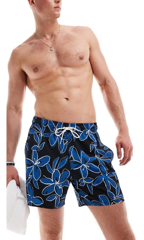 Hollister 9inch floral print swim shorts in black and blue with side pockets