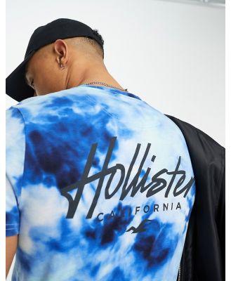 Hollister chest & back logo acid wash longline t-shirt in blue