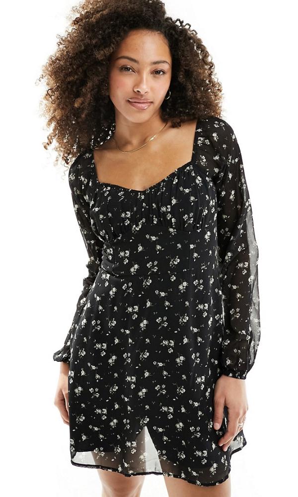 Hollister floral long sleeve dress in black with sweetheart neckline