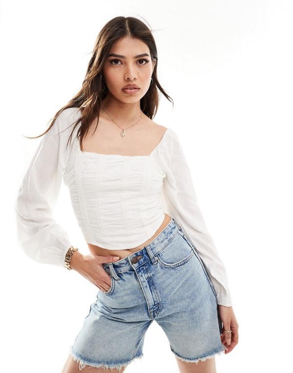 Hollister long sleeve ruched bodice top in white