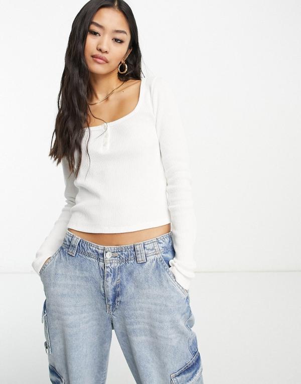 Hollister long sleeve waffle button up crop top in white