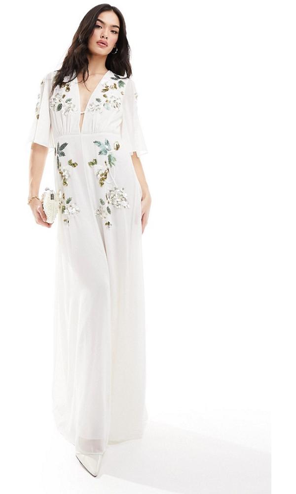 Hope & Ivy Bridal flutter sleeve embroidered floral maxi dress in ivory-White