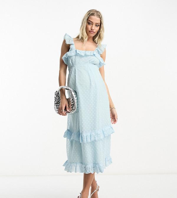 Hope & Ivy Maternity dobby spot frill midi dress in duck egg blue