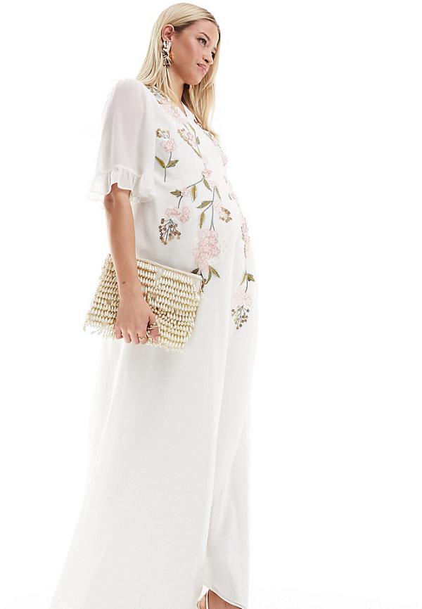 Hope & Ivy Maternity embroidered wrap maxi dress in ivory-White