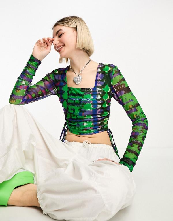 House of Holland mesh high neck cut out ruched side crop top in green and purple abstract snake print