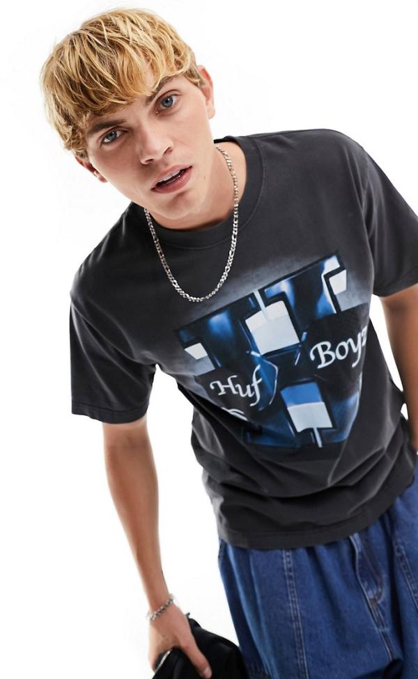 HUF Boyz washed t-shirt in black with chest print
