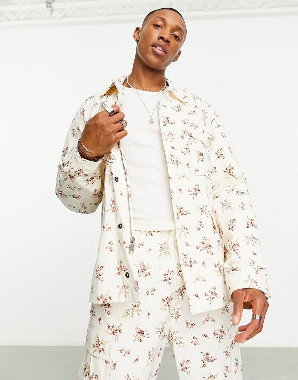 HUF field jacket in white with all over floral print (part of a set)