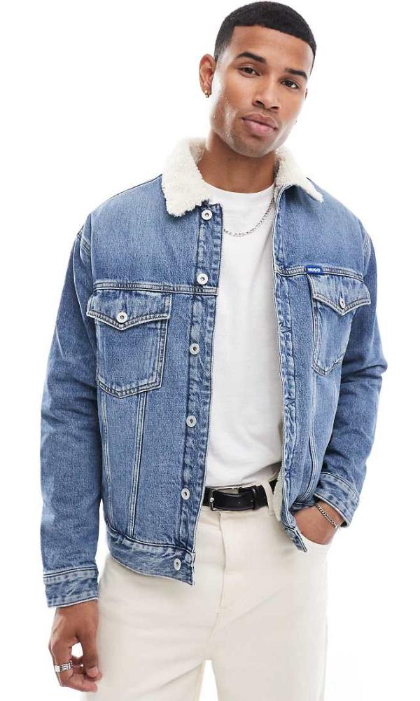 HUGO Blue Dex denim trucker jacket in midwash blue with sherpa collar