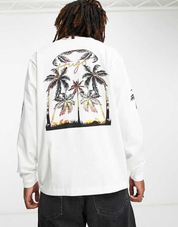 HUGO Damazonas relaxed fit long sleeve top in white with back print