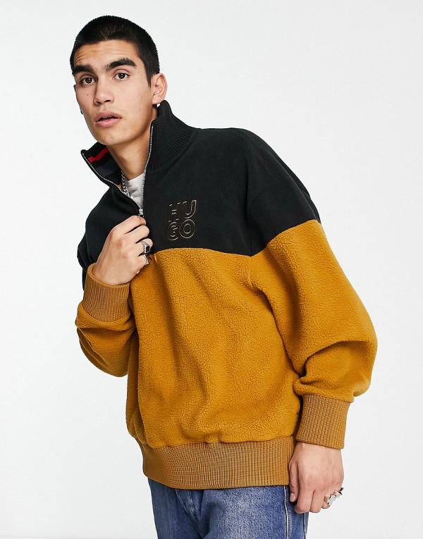 HUGO Dorpion relaxed fit 1/4 zip colourblock fleece in copper yellow