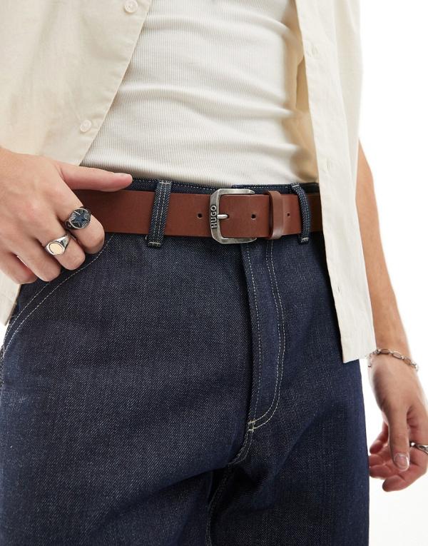 HUGO RED Berka leather belt in medium brown-Black