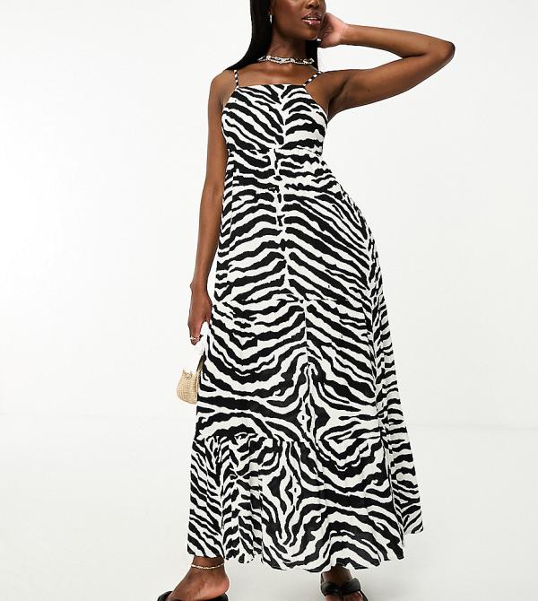 Iisla & Bird tiered maxi beach dress in black and white zebra print-Multi