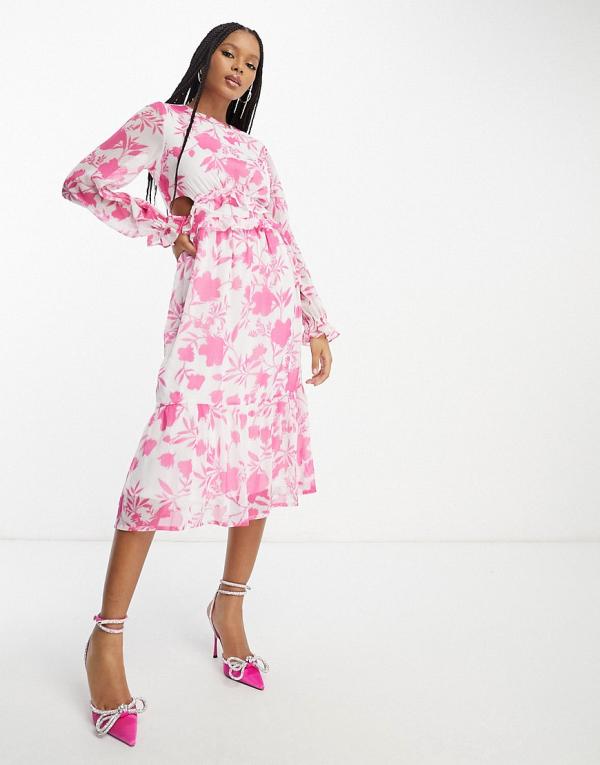 In The Style chiffon side cut out midi dress in white and pink floral-Multi