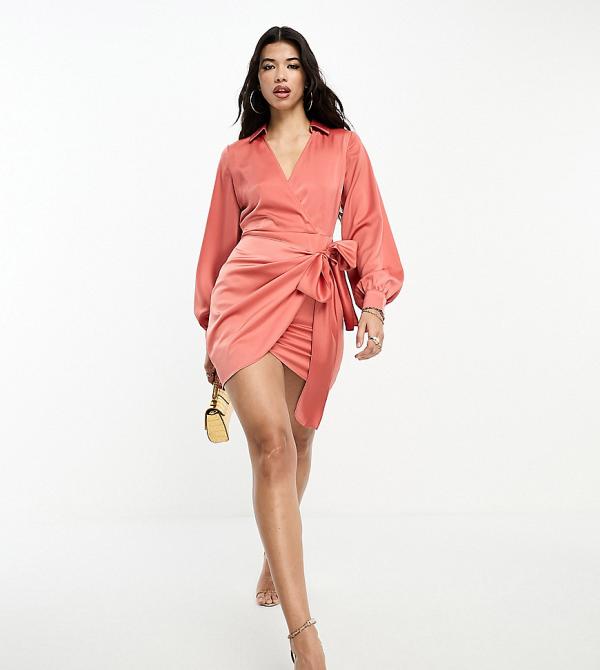 In The Style exclusive satin wrap front mini shirt dress in rust-Orange