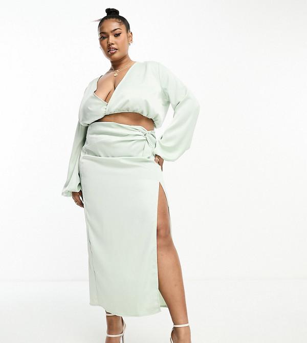 In The Style Plus exclusive satin knot drape detail midi skirt in pale green (part of a set)