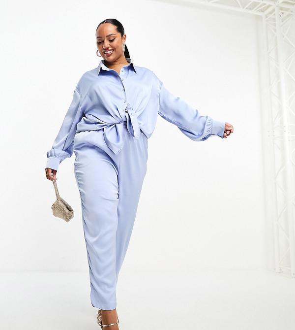 In The Style Plus exclusive satin relaxed pants in blue (part of a set)