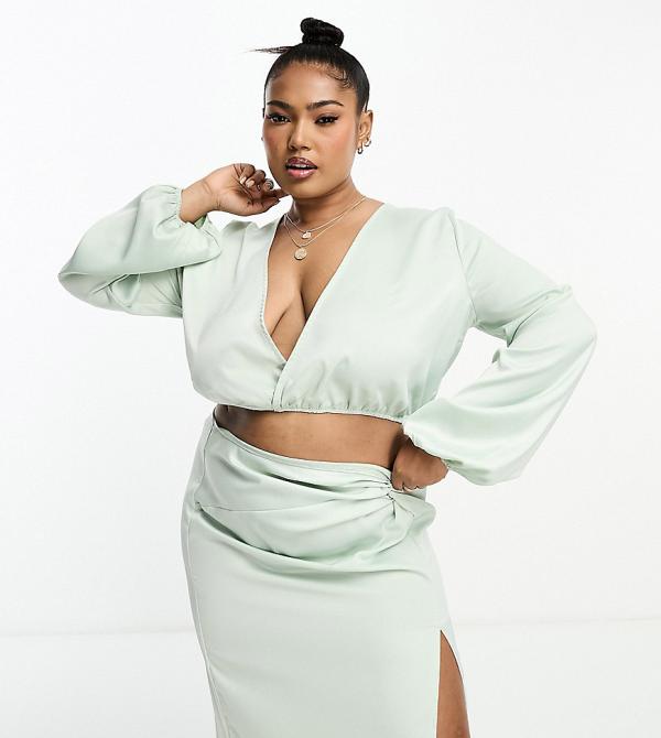 In The Style Plus exclusive satin twist front volume sleeve blouse in pale green (part of a set)